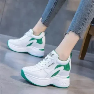 Bliklik Women Fashion Round Toe Platform Medium Heel Lace-Up Colorblock Sneakers