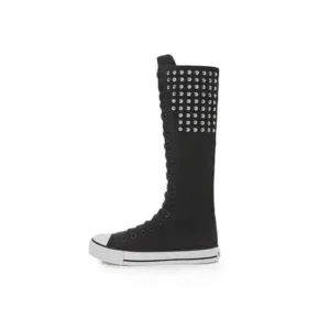 Bliklik Women Fashion Rivet Decor Side Zipper Canvas High Boots