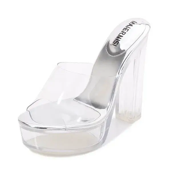 Bliklik Women Fashion Plus Size Transparent Crystal Chunky Heel Platform High