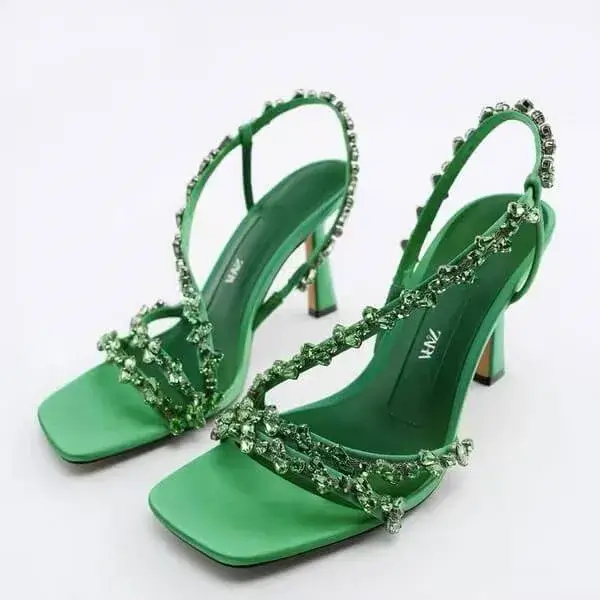 Bliklik Women Fashion Plus Size Sexy Rhinestone Strap Square Toe Heeled Sandals