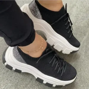 Bliklik Wedge Heel Flying Woven Colorblock Lace-Up Sneakers Large Size Casual Low Top Women Shoes