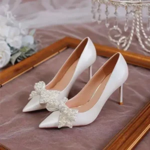 Bliklik Women Fashion Sexy Pointed Satin Pearl Pointed Toe Shoes