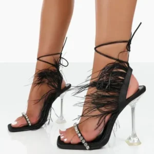 Bliklik Women Fashion Sexy Rhinestone Feather Decorative Solid Color High Heel Sandals Shoes