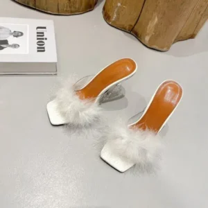 Bliklik Women Fashion Sexy Feather Decoration Solid Color Chunky High Heel Slippers Shoes