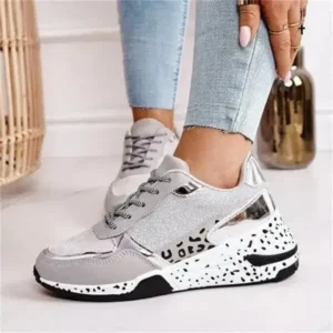 Bliklik Women Fashion Casual Leopard Print Color Matching Lace-Up Platform Sneakers