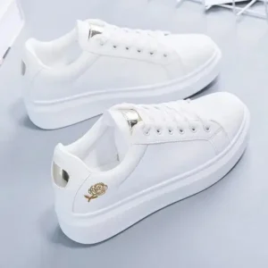 Bliklik Women Casual Fashion Rose Embroidery Thick-Soled Comfortable PU Leather White Sneakers