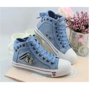 Bliklik Women Casual Spring Zipper Decor Lace-Up High Top Denim Canvas Sneakers