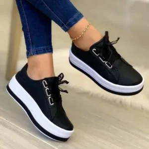 Bliklik Women Casual Round Toe Lace-Up Block Color Platform Shoes PU Sneakers