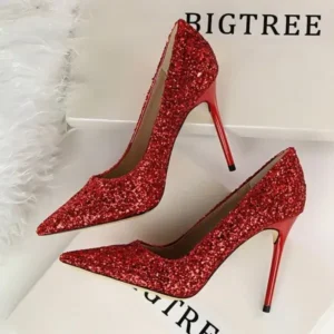 Bliklik Women Sexy Shining Sequins Decor Pointed-Toe Stiletto Shoes Pumps