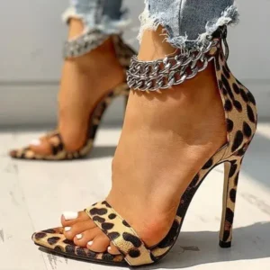 Bliklik Women Sexy Metal Chain Buckle Ankle Strap Animal Printed High Heels