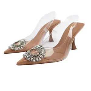 Bliklik Summer Women Fashion Plus Size Pointed Toe Rhinestone Transparent Heeled Sandals