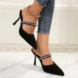 Bliklik Summer Women Fashion Plus Size Elegant Pointed Toe Strap Rhinestone Stiletto Heel Slippers