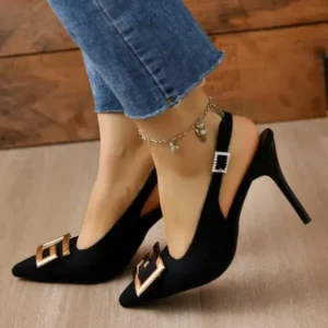 Bliklik Summer Women Fashion Casual Plus Size Solid Color Pointed Toe Metal Buckle Sling Back High Heel Sandals