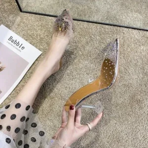 Bliklik Women Fashion Sexy Rhinestone Decorative Pointed Toe Transparent High Heel Sandals