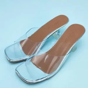 Bliklik Women Fashion Casual Square Toe Transparent Design Mid Heel Slippers