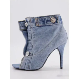 Bliklik Women Fashion High Heel Denim Button High Top Boots