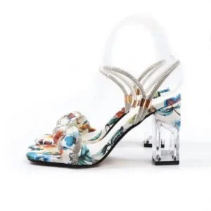 Bliklik Women Fashion Sexy PU Rhinestone Floral Printed Square Toe Chunky Heel ?Sandals