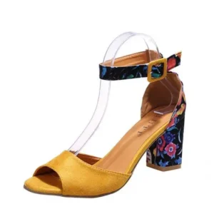 Bliklik Women Fashion Sexy PU Floral Printed Peep Toe Chunky Heel Ankle Strap Buckle Sandals