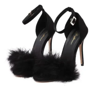 Bliklik Women Fashion Sexy PU Solid Color Feather Peep Toe Stiletto Heel Ankle Strap Buckle Sandals