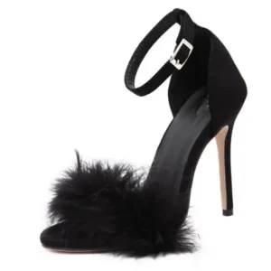 Bliklik Women Fashion Sexy Solid Color Feather Peep Toe Stiletto Heel Ankle Strap Buckle Sandals