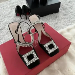 Bliklik Women Fashion Elegant PU Square Toe Rhinestone Stiletto Heel Ankle Strap Buckle Sandals