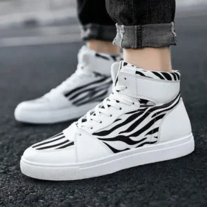 Bliklik Men'S Fashion Zebra Print Breathable Canvas High Top Sneakers