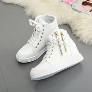 Bliklik Women Fashion Solid Color Side Zipper Lace-Up Round Head Thick-Soled Sneakers