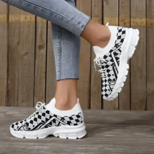 Bliklik Summer Women Fashion Casual Geometric Print Fly-Woven Lace-Up Sneakers