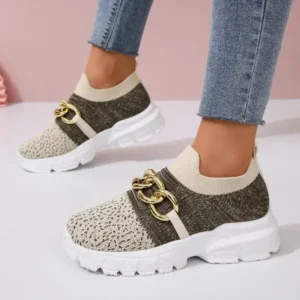 Bliklik Women Fashion Color Block Metal Chain Thick-Soled Breathable Fly-Woven Sneakers