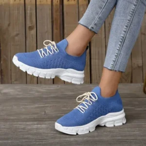 Bliklik Women Fashion Casual Breathable Flying Woven Lace-Up Thick-Soled Sneakers