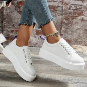 Bliklik Women Fashion Solid Color Round-Toe Lace-Up Thick-Soled Sneakers