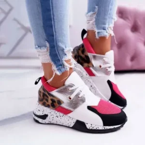 Bliklik Women Casual Leopard Printed Patchwork Lace Up Sneakers