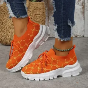 Bliklik Women Fashion Plus Size Casual Flying Woven Lace-Up Round Toe Sneakers