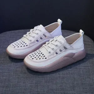 Bliklik Women Fashion Casual Solid Color PU Lace-Up Hollow Breathable Sneakers