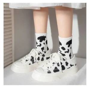 Bliklik Women Fashion Platform Cute Cow Pattern Lace-Up Sneakers