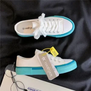 Bliklik Women Fashion Cream Blue Canvas Lace-Up Sneakers