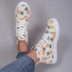 Bliklik Women Fashion Round Toe Lace-Up Pineapple Strawberry Flat Sneakers