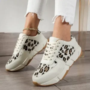 Bliklik Women Fashion Round Toe Stitching Lace Up Low Top Leopard Sports Sneakers